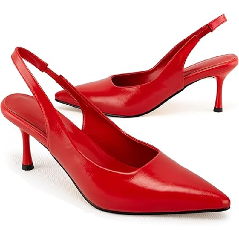HeelChic Womens Size 6.5 Red Faux Leather Slingback 3" Heel Pointy Toe Shoes