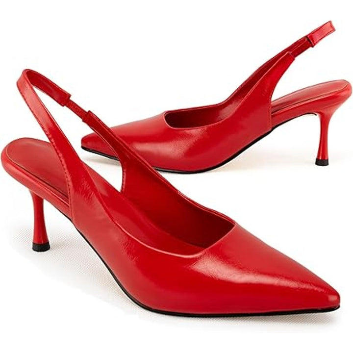 HeelChic Womens Size 6.5 Red Faux Leather Slingback 3" Heel Pointy Toe Shoes