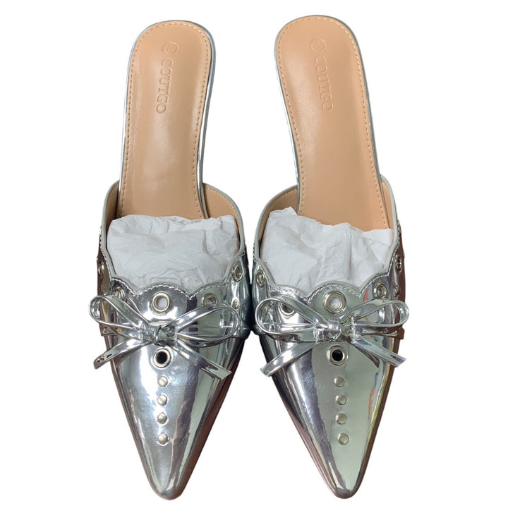 Coutgo Womens Size 8 Silver Mirror Bow Tie Slide On 3.25" Heel Pointed Toe Shoes