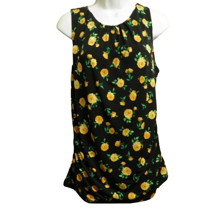 New York &amp; Company Womens Medium Yellow Floral Sleeveless PolySpandex Blouse Top