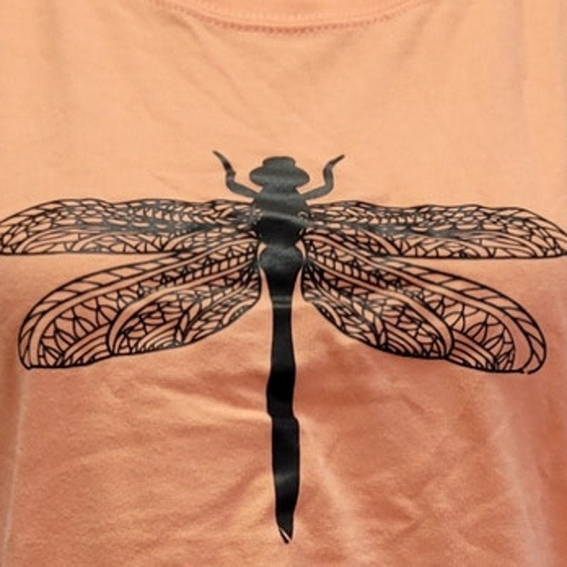 New Hand Printed Womens Medium Dragonfly Short Sleeve Cotton Blend Tee