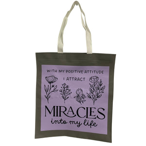 New Upcycled Hand Printed Positive Attitude Attract Miracles Shopper Tote Bag