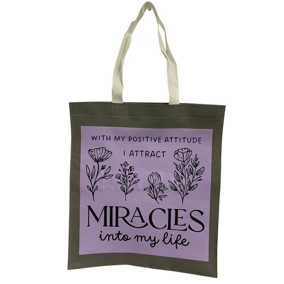 New Upcycled Hand Printed Positive Attitude Attract Miracles Shopper Tote Bag