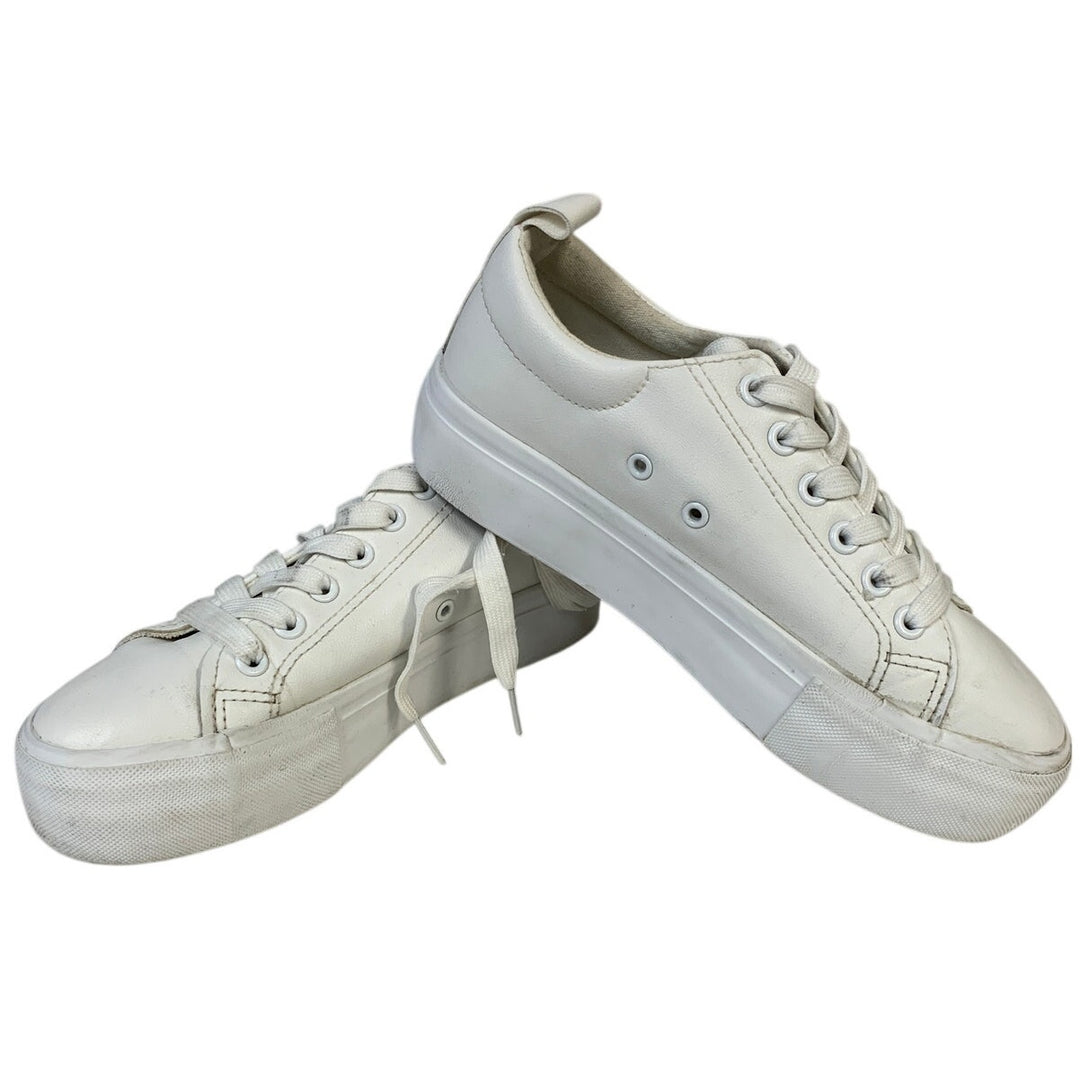 Sernial Womens Size 6.5 White Faux Leather Lace Up Tennis Basic Sneaker Shoes