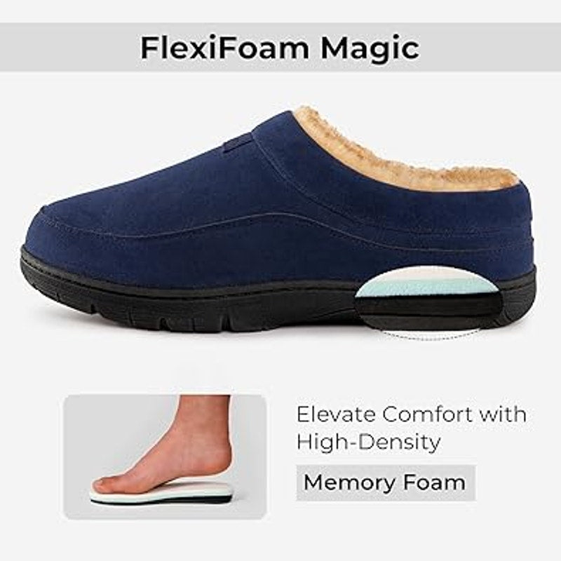 New Home Top Mens Size 9-10 Faux Fur Lined Blue Moccasin Memory Foam Slippers