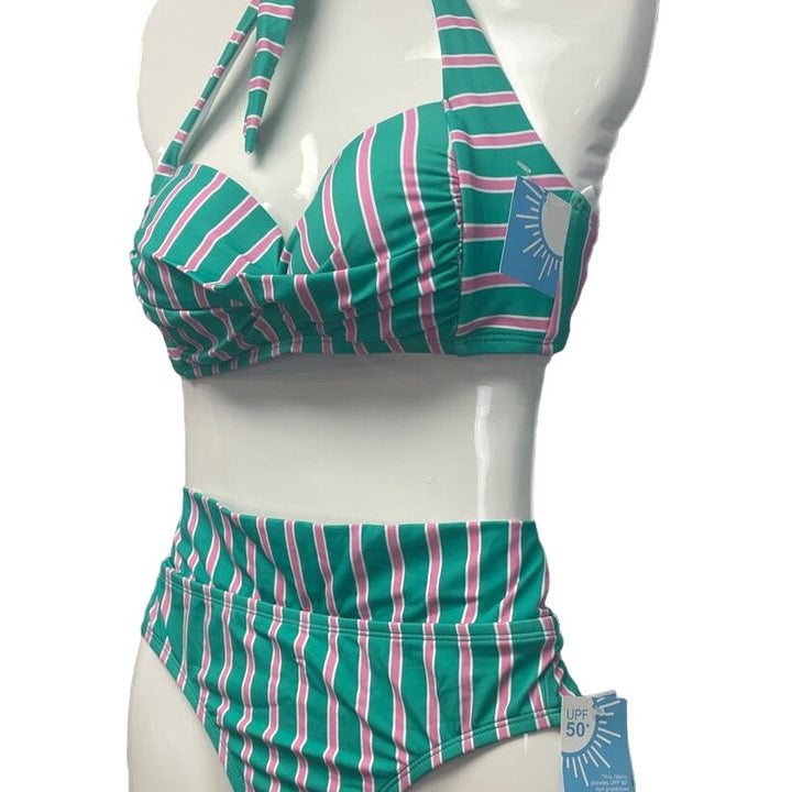 New Draper James Womens Small UPF 50+ Hipster 2-Piece Neck Tie Bikini Swim Suit