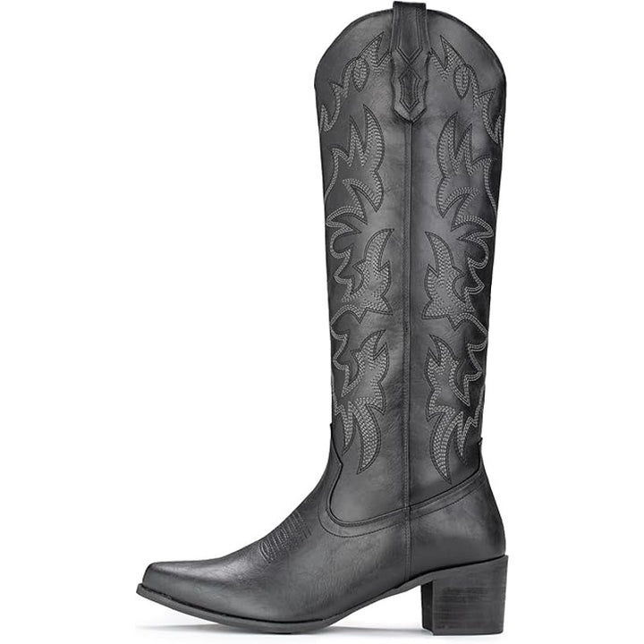 New IUV Womens 10 Black Faux Leather 2.25" Heel Knee High Cowboy Boots w Flaw