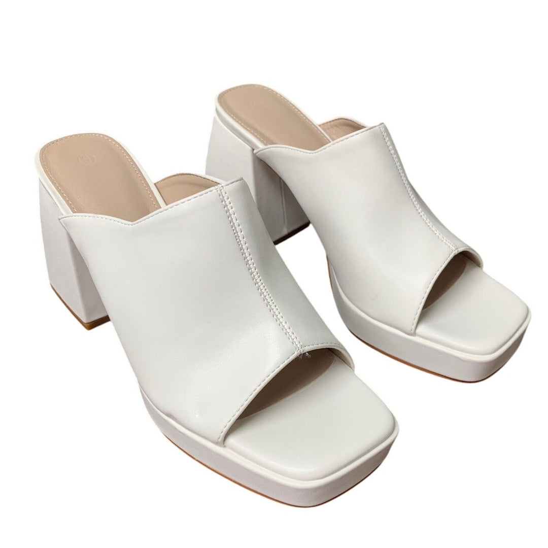 Womens Size 9 White Faux Leather 4" Platform Block Heel Open Toe Slide On Shoes