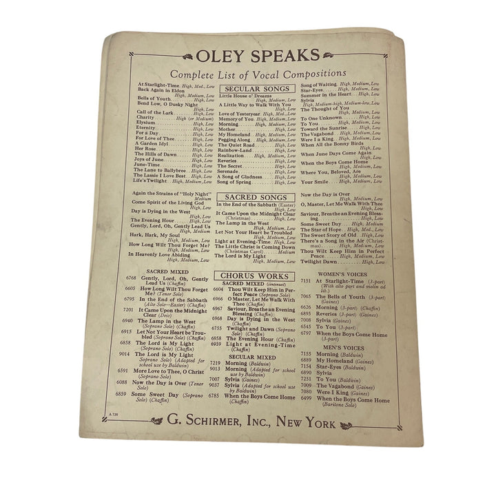 Antique 1914 Sylvia Song by Oley Speaks by G Schirmer Inc Piano Sheet Music
