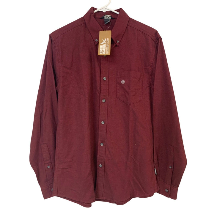 New Eddie Bauer Mens Maroon Long Sleeve Button Up Cotton Field Flannel Shirt