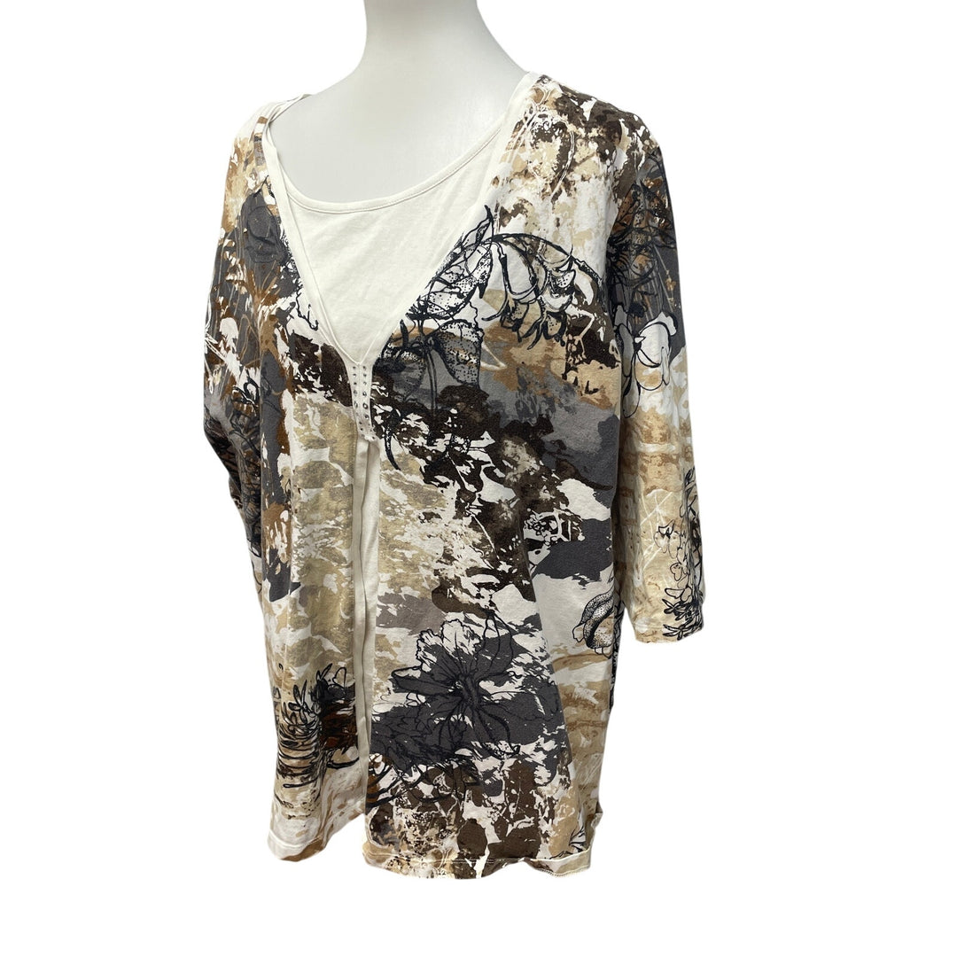 CJ Banks Womens 3X Layered Look Half Sleeve Cotton Blend Floral Paint Tee Shirt