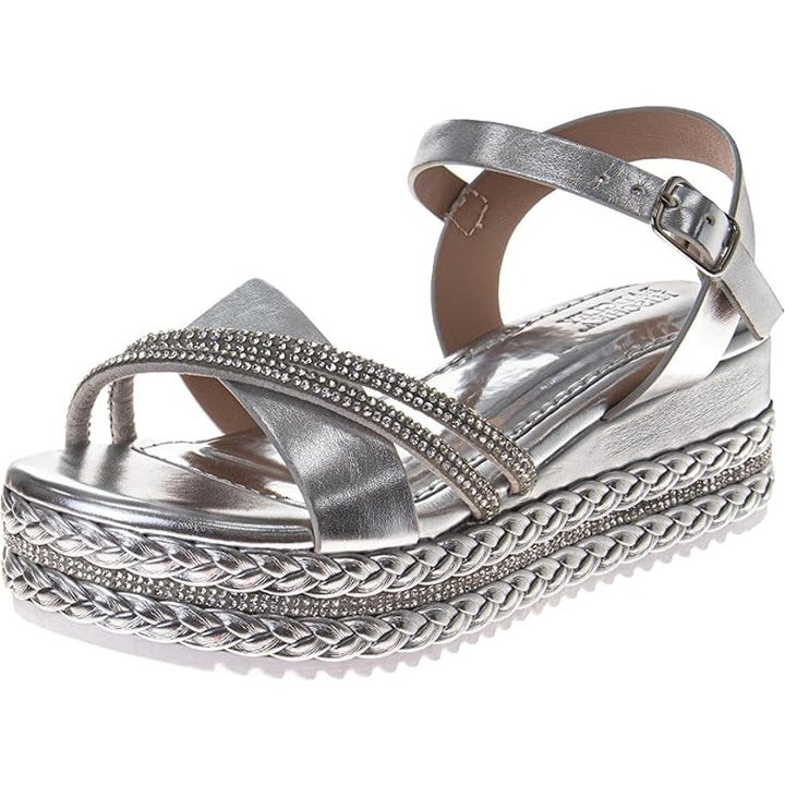 Badgley Mischka Little Girls Size 13 Silver Rhinestone Wedge Espadrille Sandals
