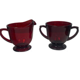 Vintage Clear Red Glass Serving Bowl w Sugar Bowl Creamer Pitcher Gift Box
