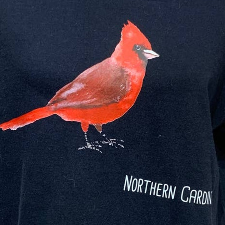 Hand Printed Upcycled Mens Large Watercolor Northern Cardinal Red Bird Tee Shirt