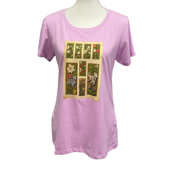 Hand Printed Upcycled Womens Large Vintage Book Page Flower Butterfly Tee Shirt
