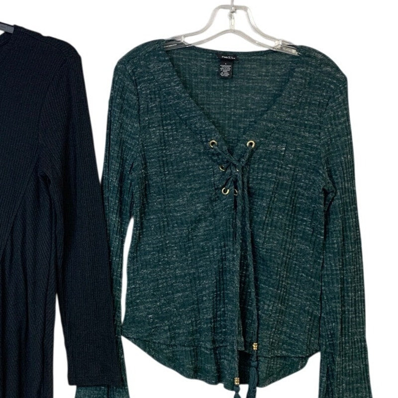 Lot of 2 Ana Rue 21 Womens Large Long Sleeve Green Black Ribbed Laced Up Tops