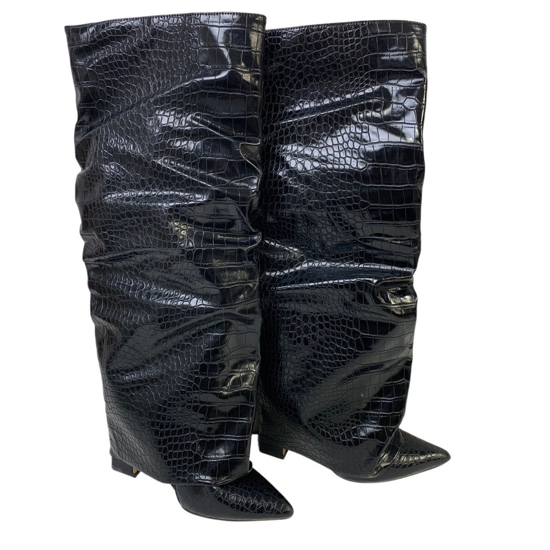 Womens Size 6 Black 4" Heel Knee High Boot Faux Leather Pointed Toe Slouch Shoes