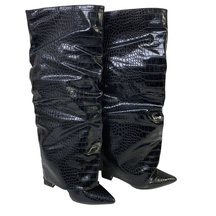 Womens Size 6 Black 4" Heel Knee High Boot Faux Leather Pointed Toe Slouch Shoes
