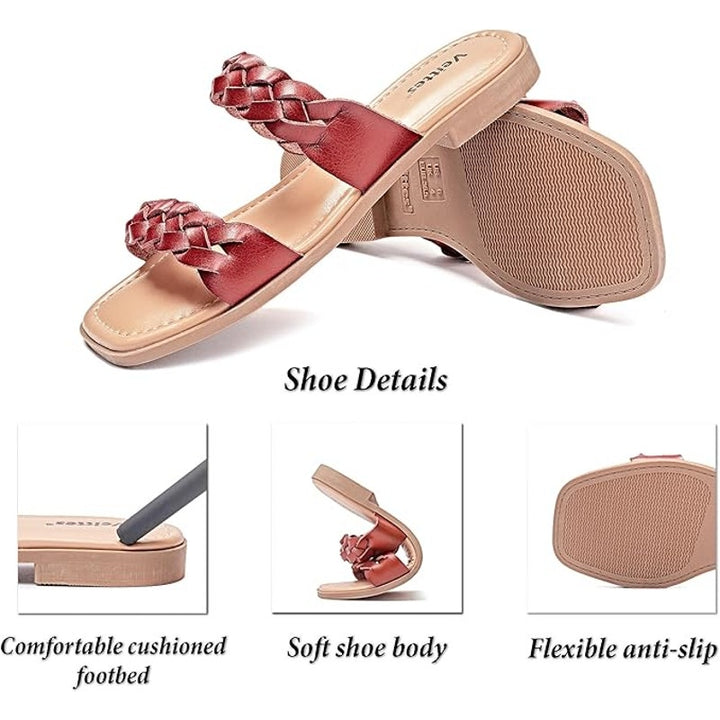 Veittes Womens Size 9.5 Brown Faux Leather Braided Strap Flat Slide Sandal Shoes