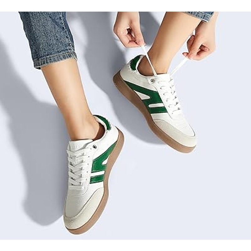 Lucky Step Womens Size 8.5 White Green Faux Leather Lace Up Retro Sneaker Shoes