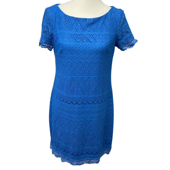 London Times Size 6 Short Sleeve Blue Lacy Fully Lined Scoop Neck Sheath Dress