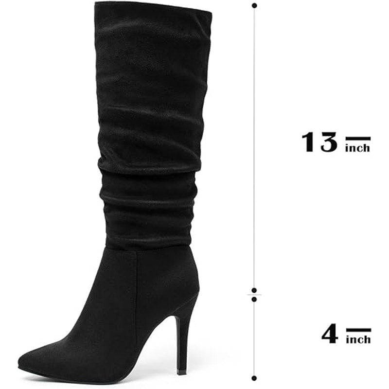 Womens Size 6.5 Black Faux Suede Slouch Stiletto Heel Knee High Pointy Toe Boots