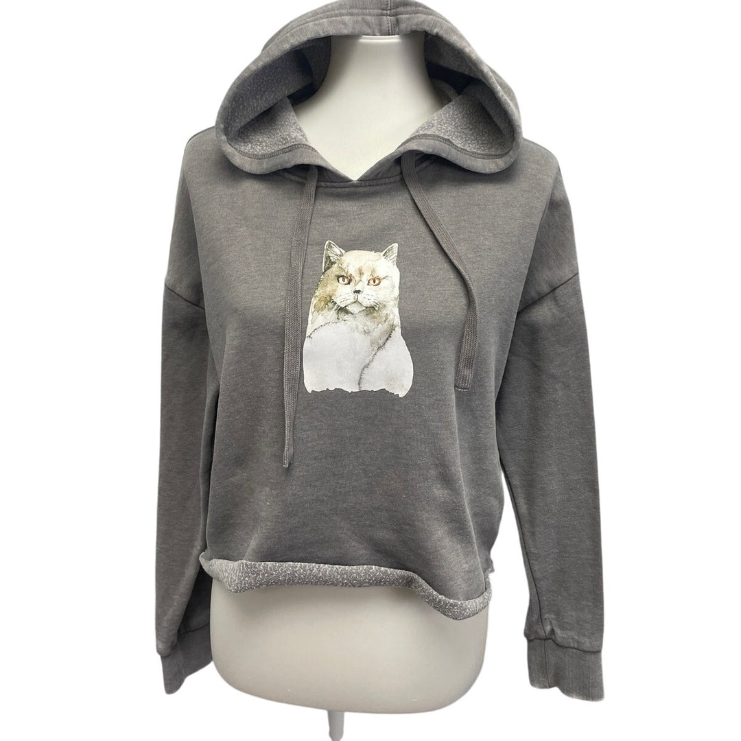 Hand Printed Upcycled Womens Medium Cropped Cat Kitten Hoodie Sweatshirt