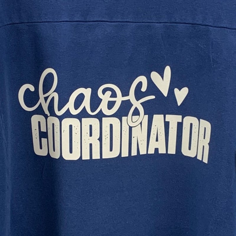 Upcycled Hand Printed Womens XL Chaos Coordinator Long Sleeve Blue Sweathshirt