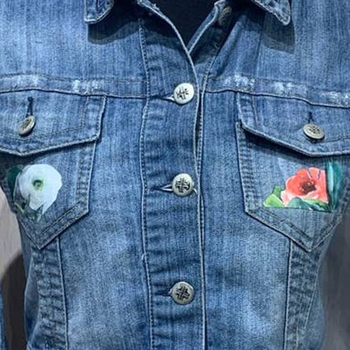 Hand Printed Upcycled Womens Small Flower Denim Button Up Cropped Jean Jacket