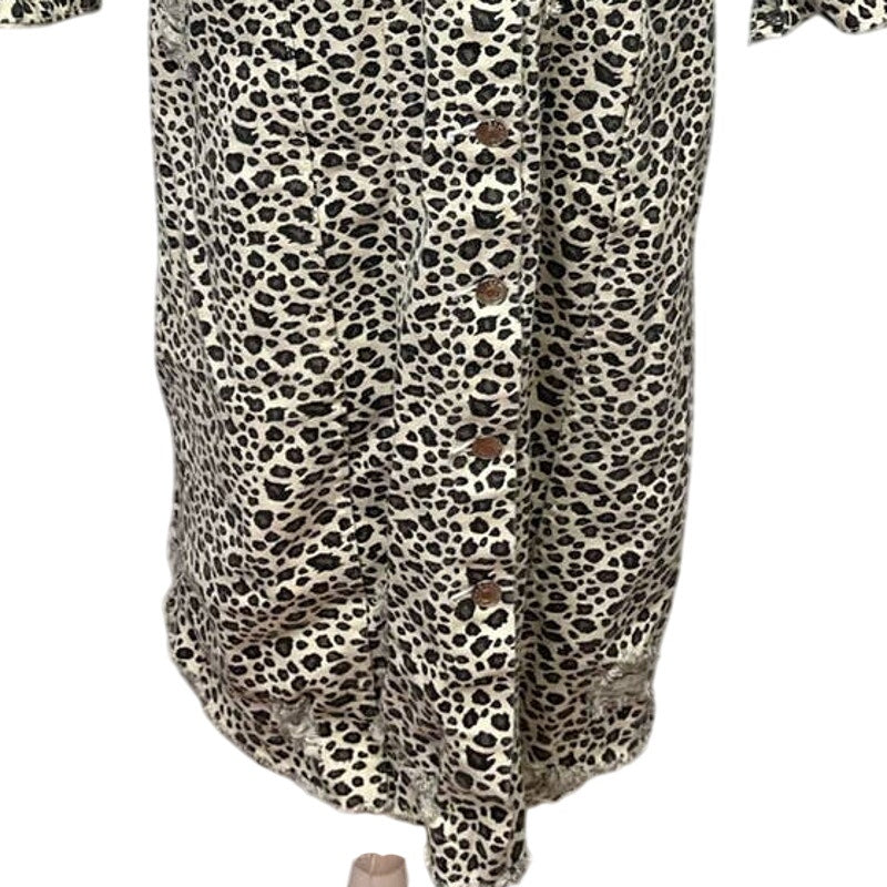 Carole Christian Small Distressed Button Up Leopard Print Cotton Denim Long Coat