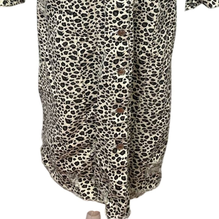 Carole Christian Small Distressed Button Up Leopard Print Cotton Denim Long Coat