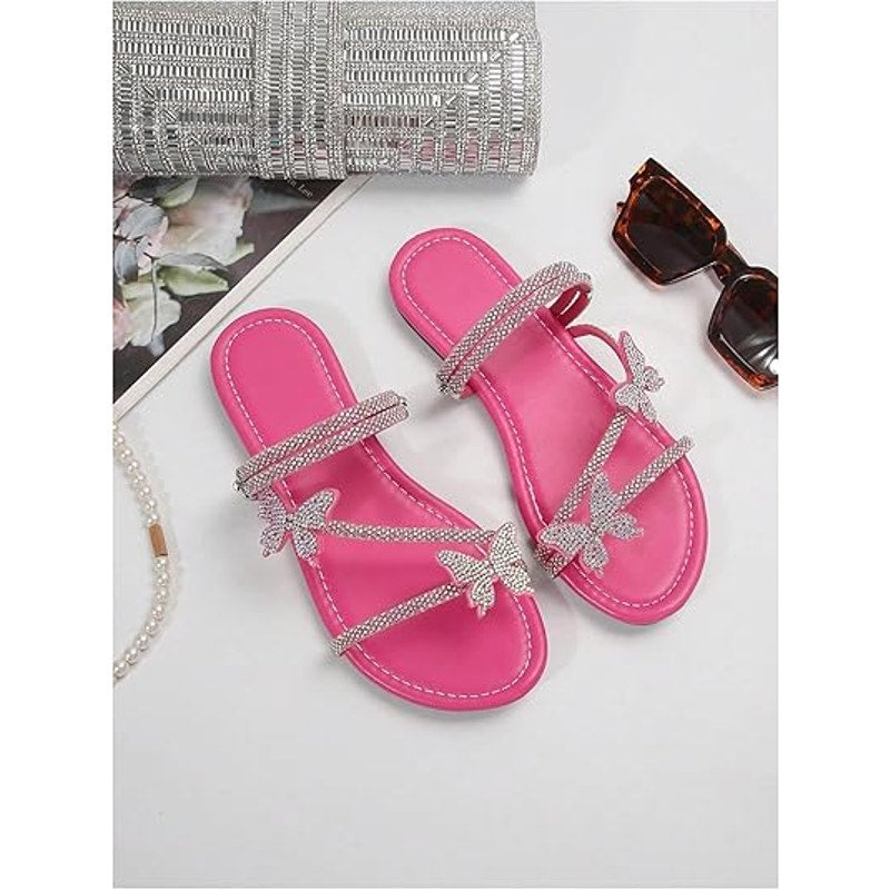 New Floerns Womens 8.5 Hot Pink Rhinestone Butterfly Open Toe Flat Sandal Shoes