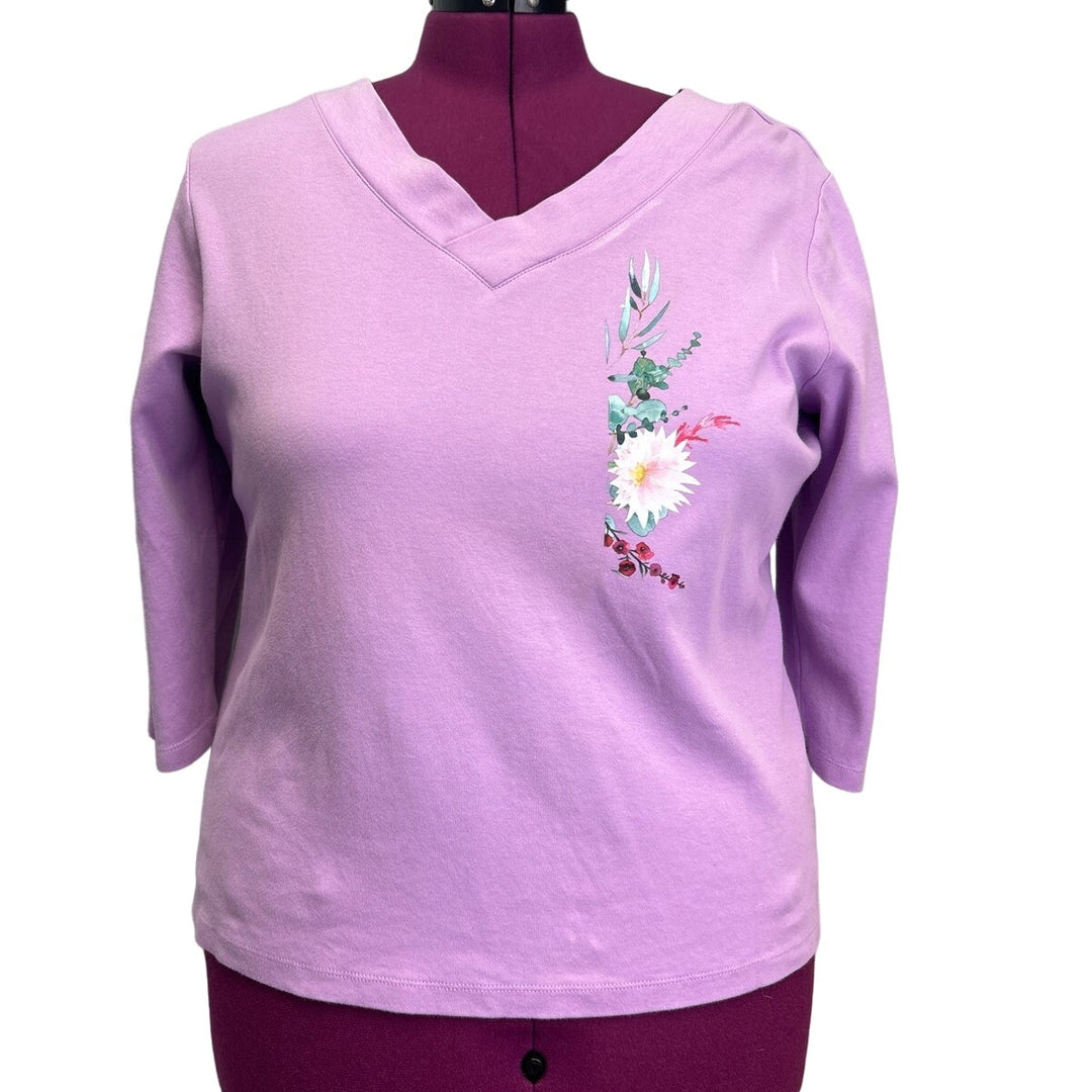 Hand Printed Upcycled Womens Plus Size 1X Peony Flowers 3/4 Sleeve Tee Shirt