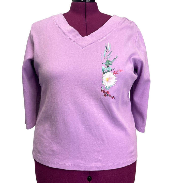 Hand Printed Upcycled Womens Plus Size 1X Peony Flowers 3/4 Sleeve Tee Shirt