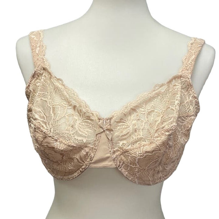 New Bali 40DD Support Lacy Overlay 3-Hook Tan Neutral Underwire Adjustable Bra