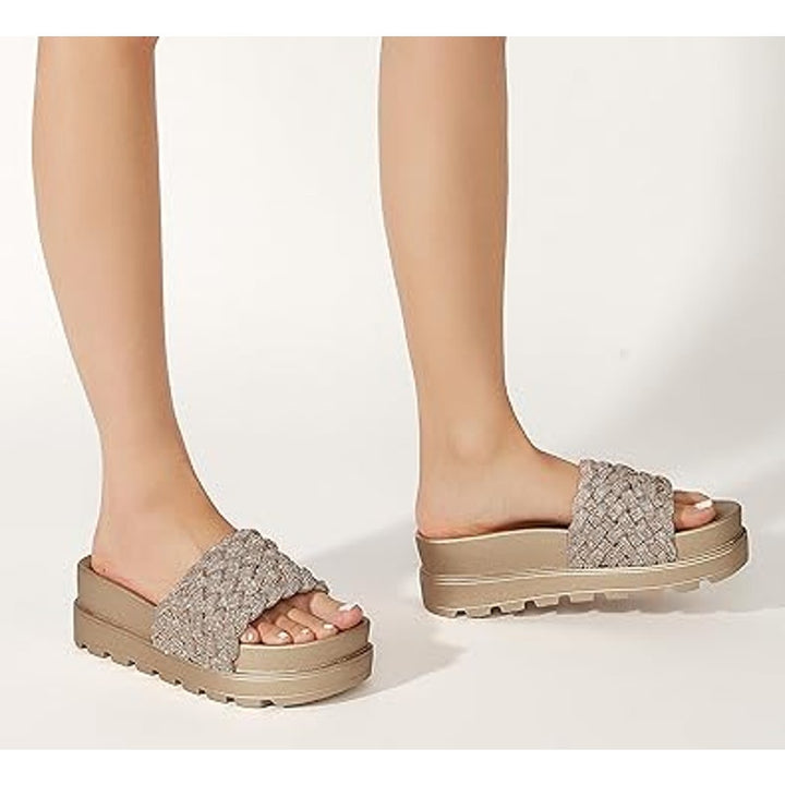 Lucky Step Womens Size 8 Rose Gold Woven Strap Slide On Platform Sandals Shoes