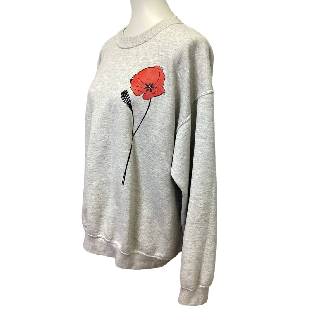 Hand Printed Large Upcycled Red Poppy Flower Long Sleeve Crew Neck Sweatshirt