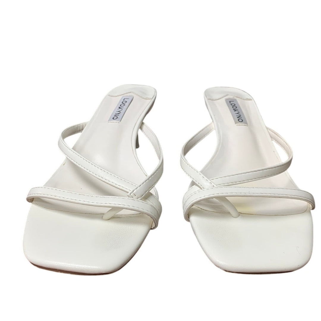 Lookyno Womens Size 8 White Strappy Open 3" Kitten Heel Slide On Toe Ring Shoes