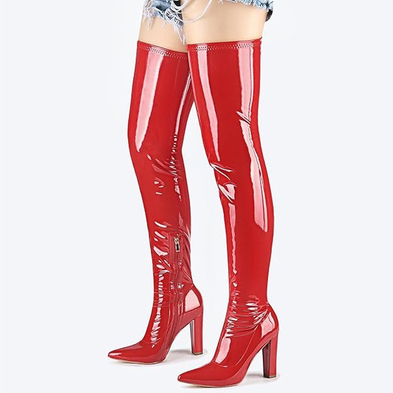 Wsheliu Womens Size 6.5 Shiny Red Thigh High 4" Heel Size Zip Boots Shoes