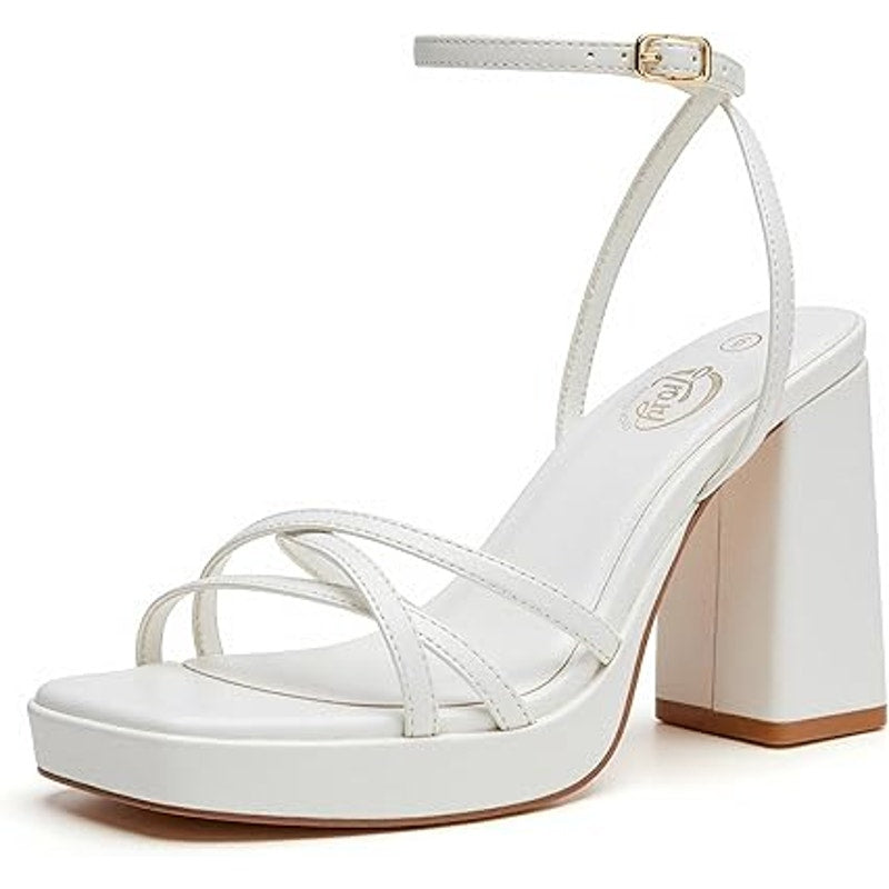 Trary Womens Size 9.5 White Open Toe 4.25" Block Heel Ankle Strap Sandal Shoes