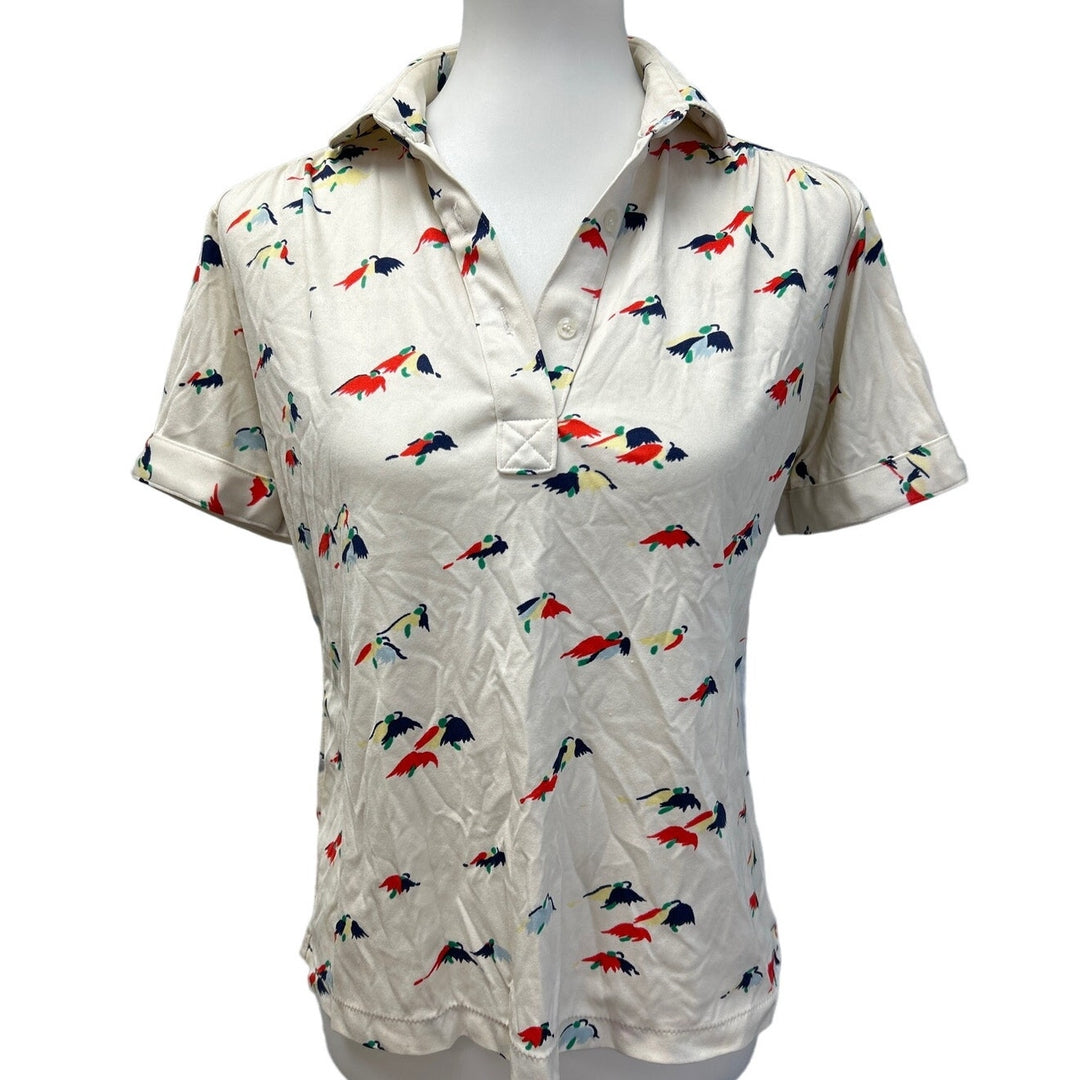 Vintage Womens Large Bird Short Sleeve Collared Polyester Polo Top Blouse