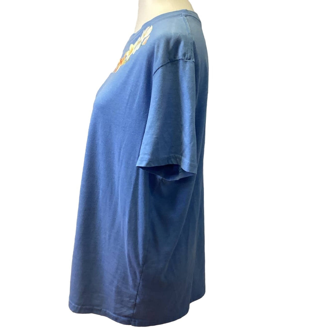 Hand Printed Upcycled Womens Large Daffodil Rose Flower Short Sleeve Tee Shirt