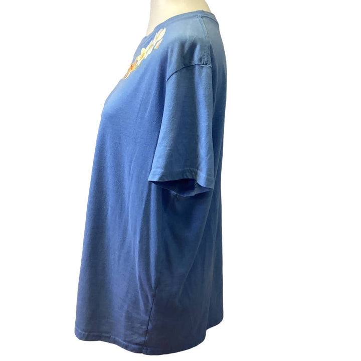 Hand Printed Upcycled Womens Large Daffodil Rose Flower Short Sleeve Tee Shirt