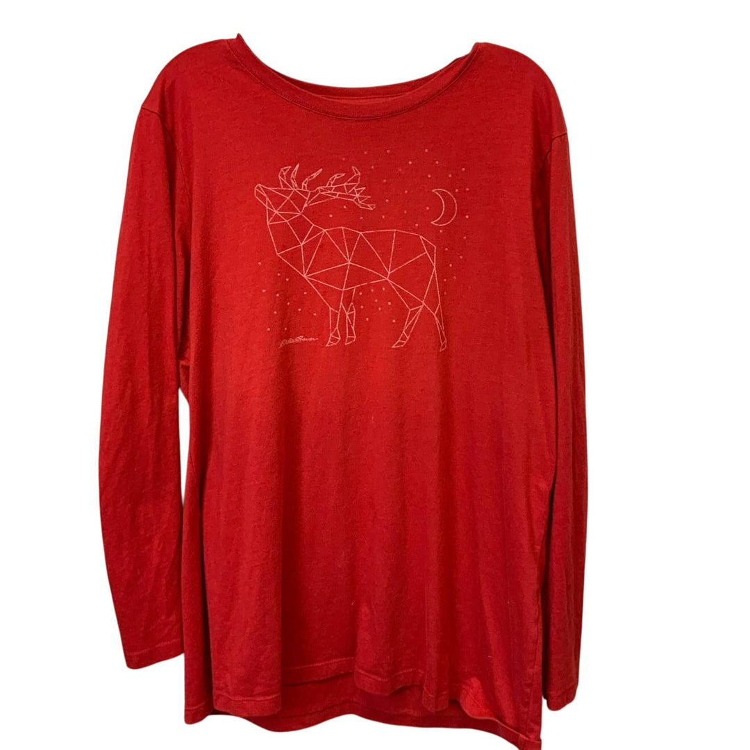 Eddie Bauer XL Long Sleeve Cotton Blend Christmas Reindeer Stars Tee Shirt