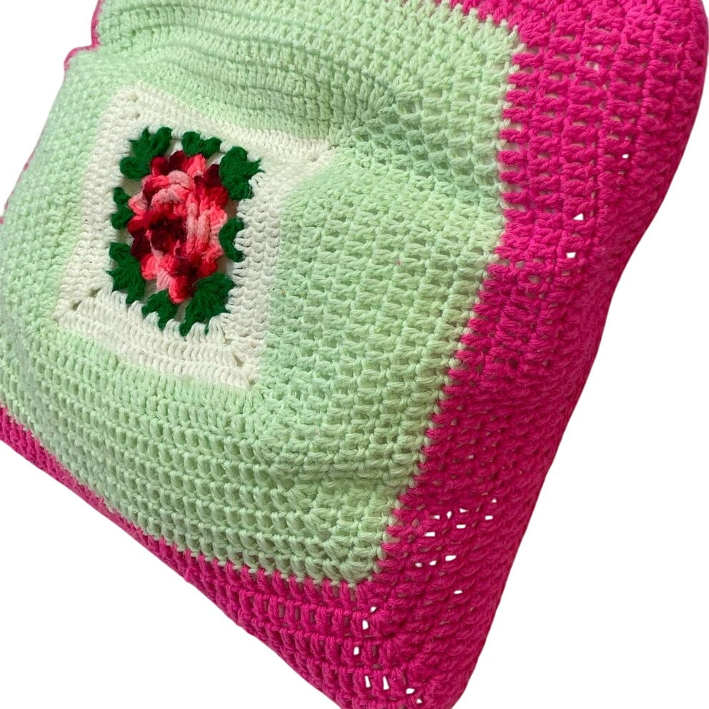 Handmade Vintage 1970s Hand Crocheted 22" Square Rosette Large Throw Pillow