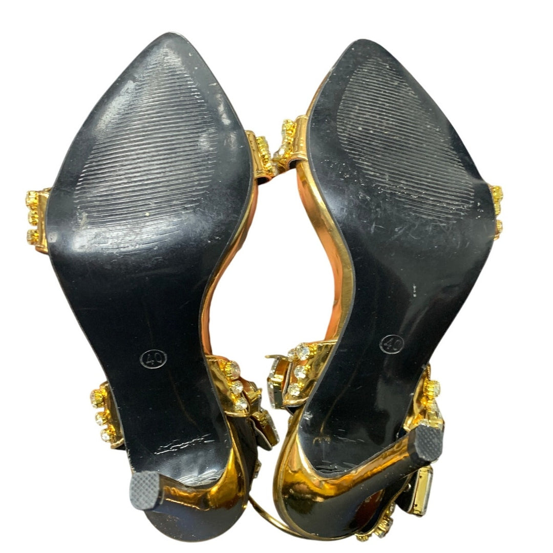 Kluolandi Womens Size 9.5 Gold Shiny Jewel Ankle Strap 5" Heel Shoes Missing Gem