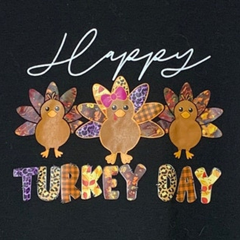 Womens 3XL Black Happy Turkey Day Thankgiving Long Sleeve Polyblend Sweatshirt
