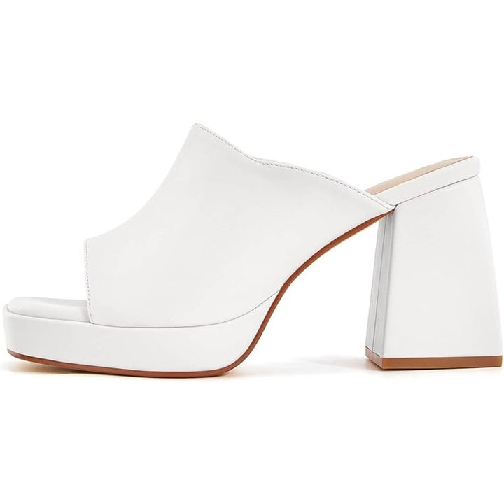 Coutgo Womens 6.5 White Faux Leather Open Toe 4" Block Heel Slide On Mule Shoes