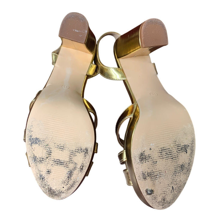 Merumote Womens Size 8 Shiny Gold Open Toe Ankle Strap 4" Chunky Heels Shoes