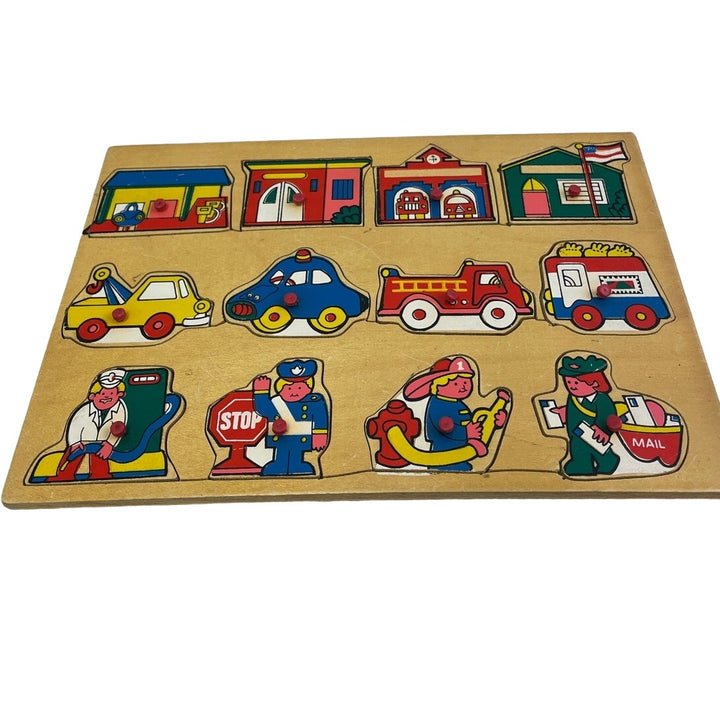Vintage 1970s Wood Pegged Fire Engine Police Post Office Tow Truck Jigsaw Puzzle